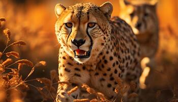 AI generated Majestic cheetah walking in African savannah, beauty in nature generated by AI photo