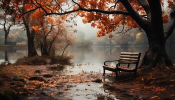 AI generated Tranquil autumn landscape tree, leaf, pond, reflection, grass, bench generated by AI photo