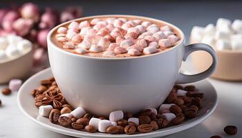 AI generated Gourmet meal hot chocolate, coffee, marshmallow, chocolate, snack, dessert generated by AI photo