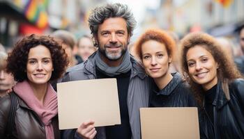 AI generated A diverse group of smiling adults holding placards, united generated by AI photo