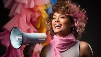 AI generated Young woman with curly hair shouting joyfully into a megaphone generated by AI photo