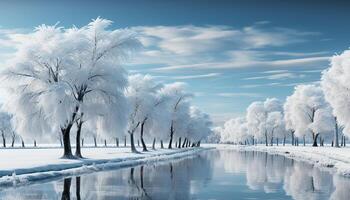 AI generated Winter landscape snow covered trees, blue sky, frozen reflection, tranquil scene generated by AI photo