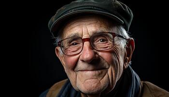 ai generado sonriente mayor hombre con gris pelo mirando a cámara felizmente generado por ai foto