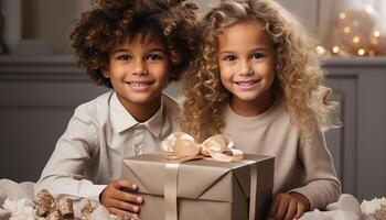 ai generado sonriente niño sostiene regalo, extensión felicidad en alegre celebracion generado por ai foto