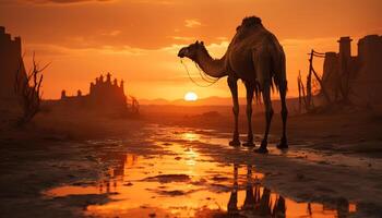 AI generated Silhouette of camel convoy journeying through tranquil African landscape generated by AI photo