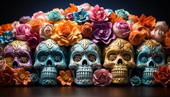 ai generado día de el muerto celebracion escalofriante calaveras, vistoso flores, antiguo tradiciones generado por ai foto