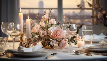 ai generado lujo Boda celebracion alumbrado por velas mesa, elegante cubiertos, Copa de vino, y flor ramo de flores generado por ai foto