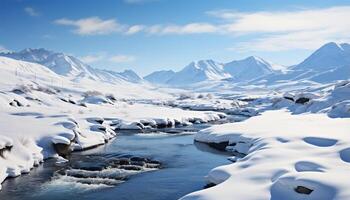 AI generated Winter mountain adventure frozen water, tranquil scene, majestic beauty generated by AI photo