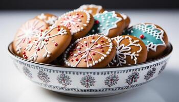 AI generated Homemade snowflake shaped sugar cookies, decorated with colorful icing generated by AI photo