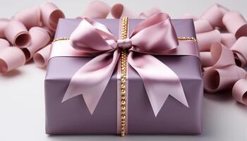 AI generated A shiny gold gift box wrapped in satin ribbon generated by AI photo