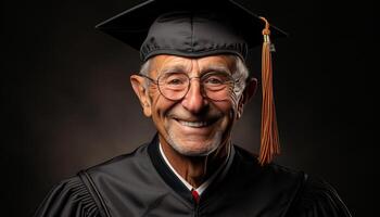 ai generado un exitoso, alegre hombre con sabiduría y confianza graduados generado por ai foto