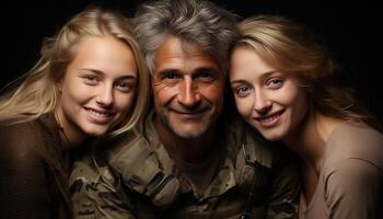 ai generado sonriente familia abrazando, amor y felicidad en retrato juntos generado por ai foto