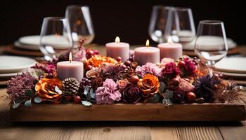 ai generado romántico luz de una vela, elegante decoración, Fresco flores, rústico madera mesa generado por ai foto