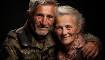 AI generated Senior couple smiling, embracing, looking at camera, expressing love generated by AI photo