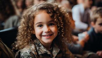 ai generado sonriente niños en uniformes, mirando a cámara, lleno de alegría generado por ai foto