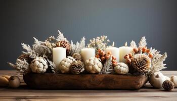 AI generated Rustic wood table with candlelight, pine cone, and Christmas ornament generated by AI photo