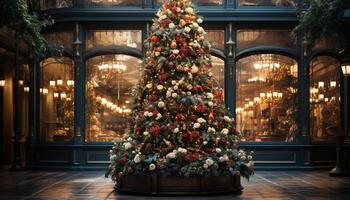 ai generado acogedor invierno celebracion iluminado Navidad árbol ilumina el vivo habitación generado por ai foto