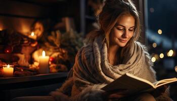 AI generated A young woman reading, smiling, cozy by the fire generated by AI photo