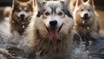 ai generado linda perrito jugando en el nieve con amigos, puro alegría generado por ai foto