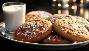 ai generado hecho en casa chocolate chip galletas apilado en un de madera mesa generado por ai foto