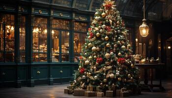 ai generado Navidad árbol decoración iluminado con Navidad luces adentro generado por ai foto