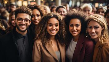 ai generado un grupo de alegre joven adultos sonriente a el cámara generado por ai foto