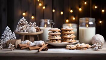 ai generado hecho en casa chocolate galletas en rústico madera mesa, invierno celebracion generado por ai foto