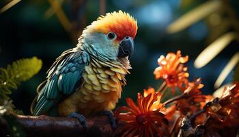 AI generated A beautiful macaw perching on a branch in the rainforest generated by AI photo