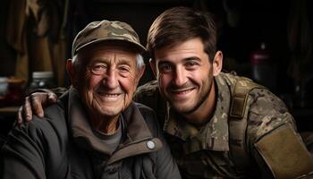 ai generado dos adulto hombres en militar uniforme sonriente a el cámara generado por ai foto