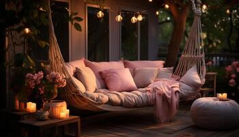 AI generated Cozy summer bedroom, illuminated by candlelight, with nature inspired decor generated by AI photo