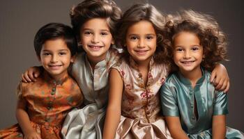 AI generated Group of smiling children looking at camera, embracing happiness together generated by AI photo