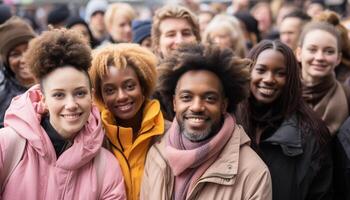 AI generated A cheerful group of people smiling, enjoying outdoors in winter generated by AI photo