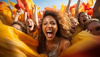 AI generated Young adults screaming with joy, celebrating success at a soccer party generated by AI photo