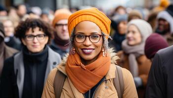 AI generated A cheerful group of young adults smiling outdoors in winter generated by AI photo