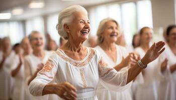 ai generado un grande grupo de personas sonriente, baile, y aplaudiendo juntos generado por ai foto