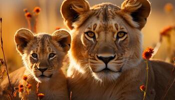 AI generated Majestic lioness hides in plain sight, hunting in wilderness generated by AI photo