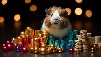 ai generado linda Guinea cerdo sentado en mesa, mirando a oro apilar generado por ai foto