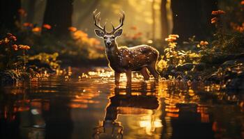 AI generated Cute deer standing in tranquil forest, reflecting beauty in nature generated by AI photo