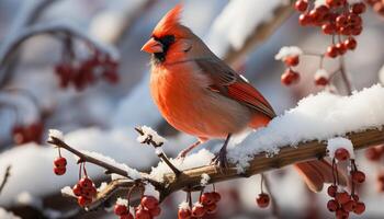 AI generated Cute finch perching on snow covered branch in winter forest generated by AI photo