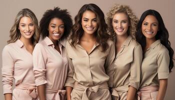 ai generado un grupo de sonriente mujer en pie juntos, radiante felicidad generado por ai foto