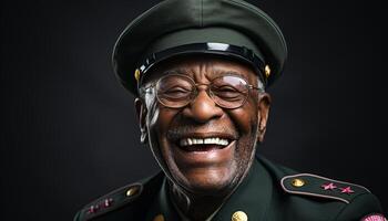 ai generado uno sonriente africano americano hombre en militar uniforme, mirando a cámara generado por ai foto