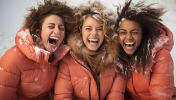 AI generated A group of young adults enjoying winter, smiling and laughing generated by AI photo