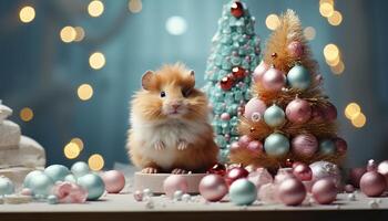 ai generado linda animal celebrando con pequeño regalo, sentado cerca decorado árbol generado por ai foto