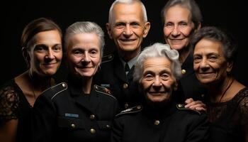 AI generated Senior adults smiling, looking at camera, celebrating retirement together generated by AI photo