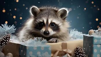 AI generated Cute puppy wrapped in gift box, snowing in winter generated by AI photo