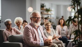 AI generated Senior adults enjoying retirement, smiling and bonding indoors with friends generated by AI photo