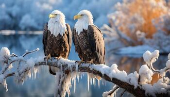 AI generated Bald eagle perching on branch, majestic beauty in nature generated by AI photo