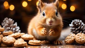 AI generated Cute fluffy mammal enjoys homemade cookie in winter celebration generated by AI photo