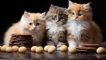 AI generated Cute kitten sitting, looking at camera, eating cookie indoors generated by AI photo