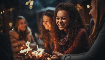AI generated Young adults enjoying a carefree night, smiling and laughing together generated by AI photo